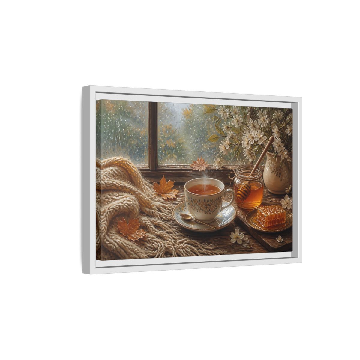 Side Mockup 4. Nature Tea Cup Cozy Autumn Scene shown as stretched canvas wall art