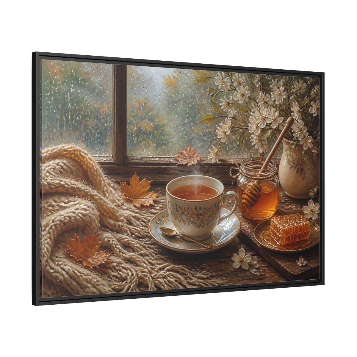 Side Mockup 12. Nature Tea Cup Cozy Autumn Scene shown as stretched canvas wall art