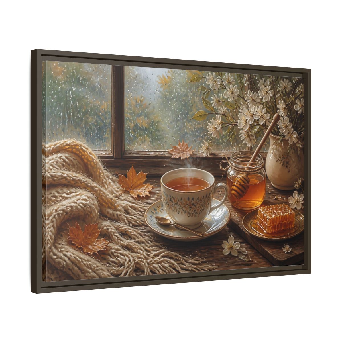 Side Mockup 11. Nature Tea Cup Cozy Autumn Scene shown as stretched canvas wall art