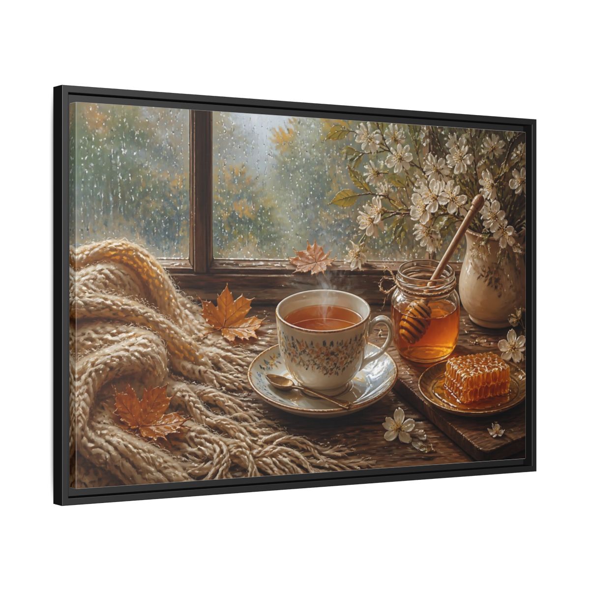 Side Mockup 13. Nature Tea Cup Cozy Autumn Scene shown as stretched canvas wall art