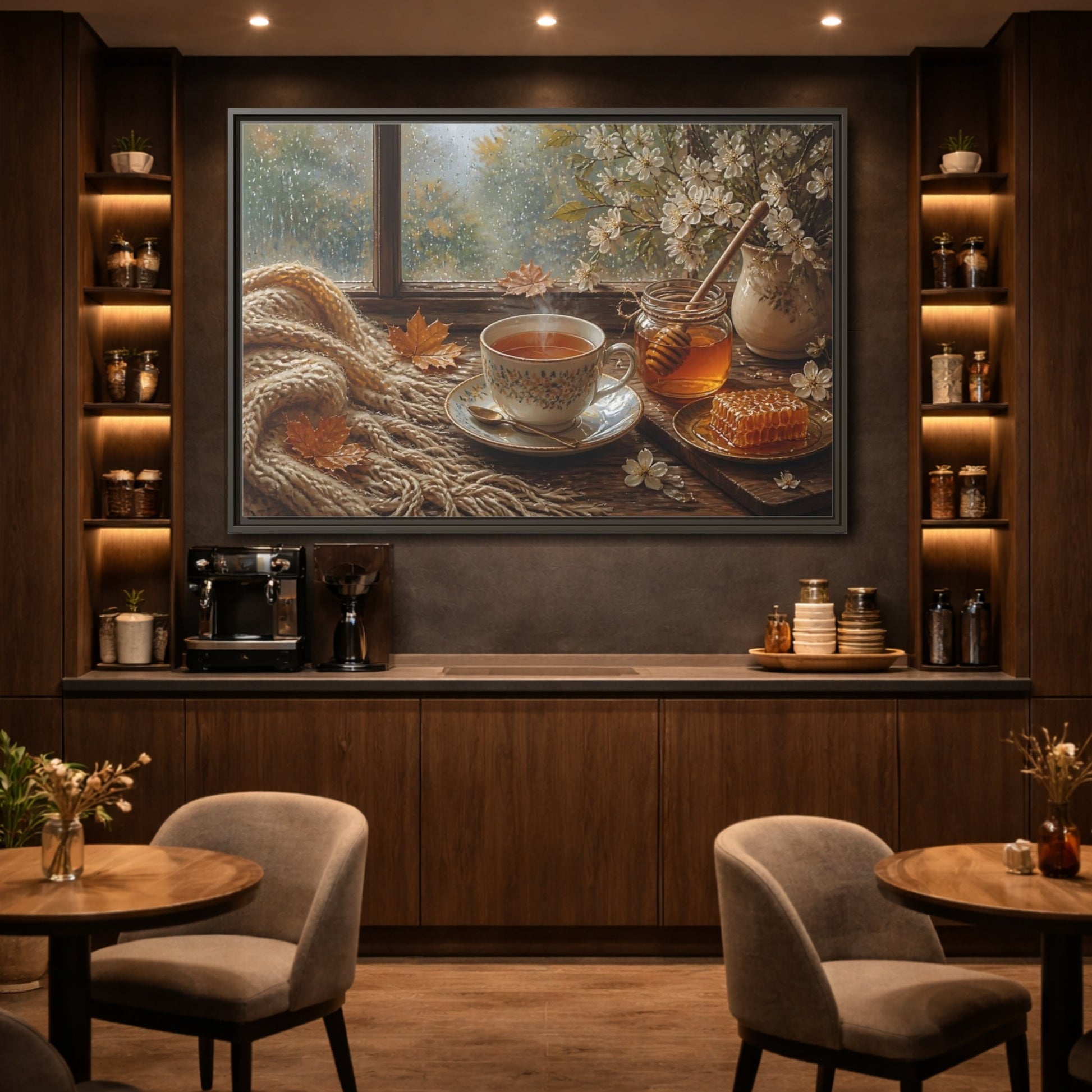 Mockup 2. Nature Tea Cup Cozy Autumn Scene shown as stretched canvas wall art