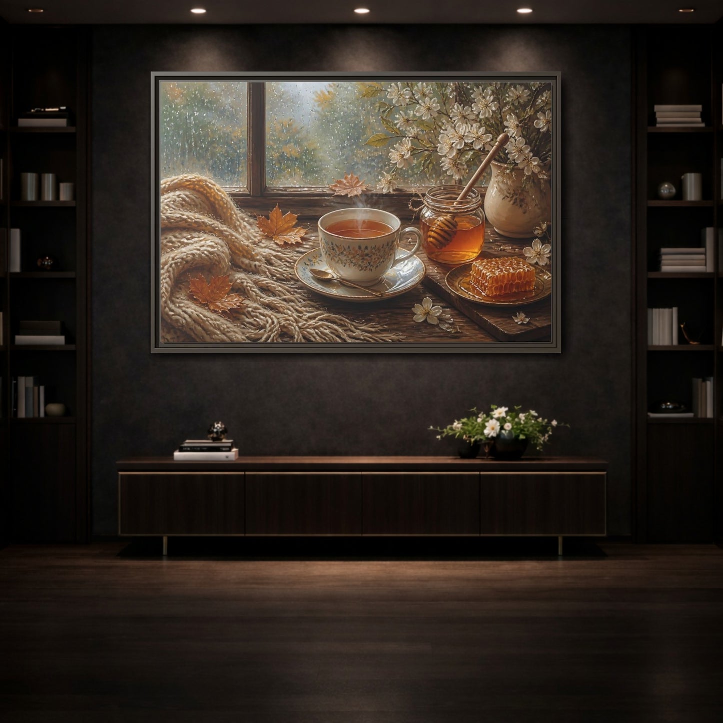 Mockup 3. Nature Tea Cup Cozy Autumn Scene shown as stretched canvas wall art