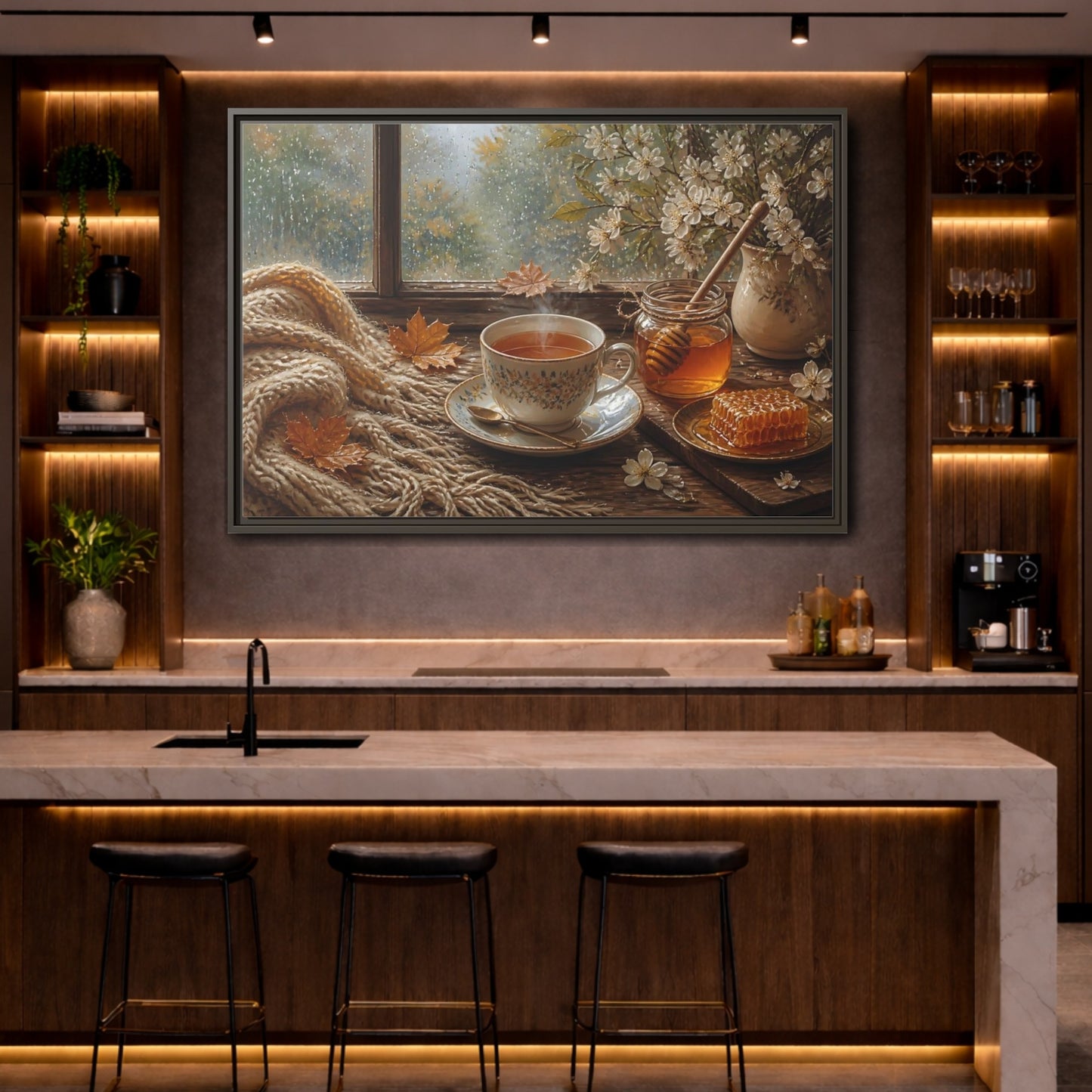 Mockup 4. Nature Tea Cup Cozy Autumn Scene shown as stretched canvas wall art
