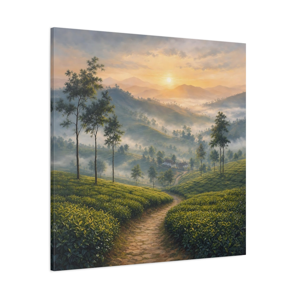 Side Mockup 1. Nature Tea Plantation Green Mountain Landscape shown as stretched canvas wall art