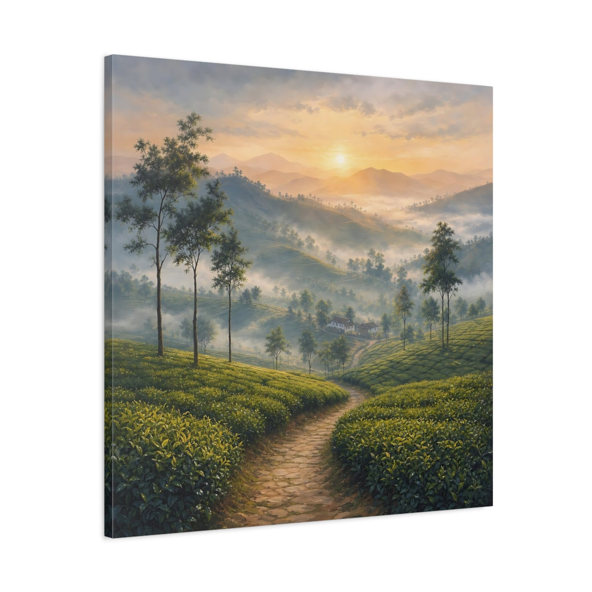 Side Mockup 3. Nature Tea Plantation Green Mountain Landscape shown as stretched canvas wall art