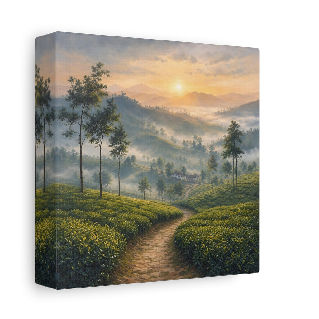 Side Mockup 2. Nature Tea Plantation Green Mountain Landscape shown as stretched canvas wall art