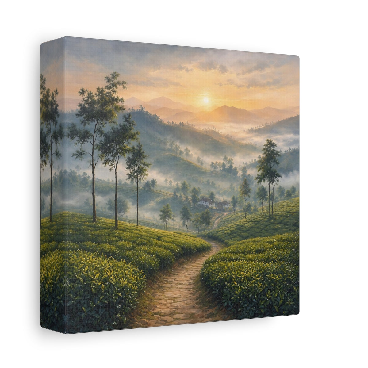 Side Mockup 2. Nature Tea Plantation Green Mountain Landscape shown as stretched canvas wall art