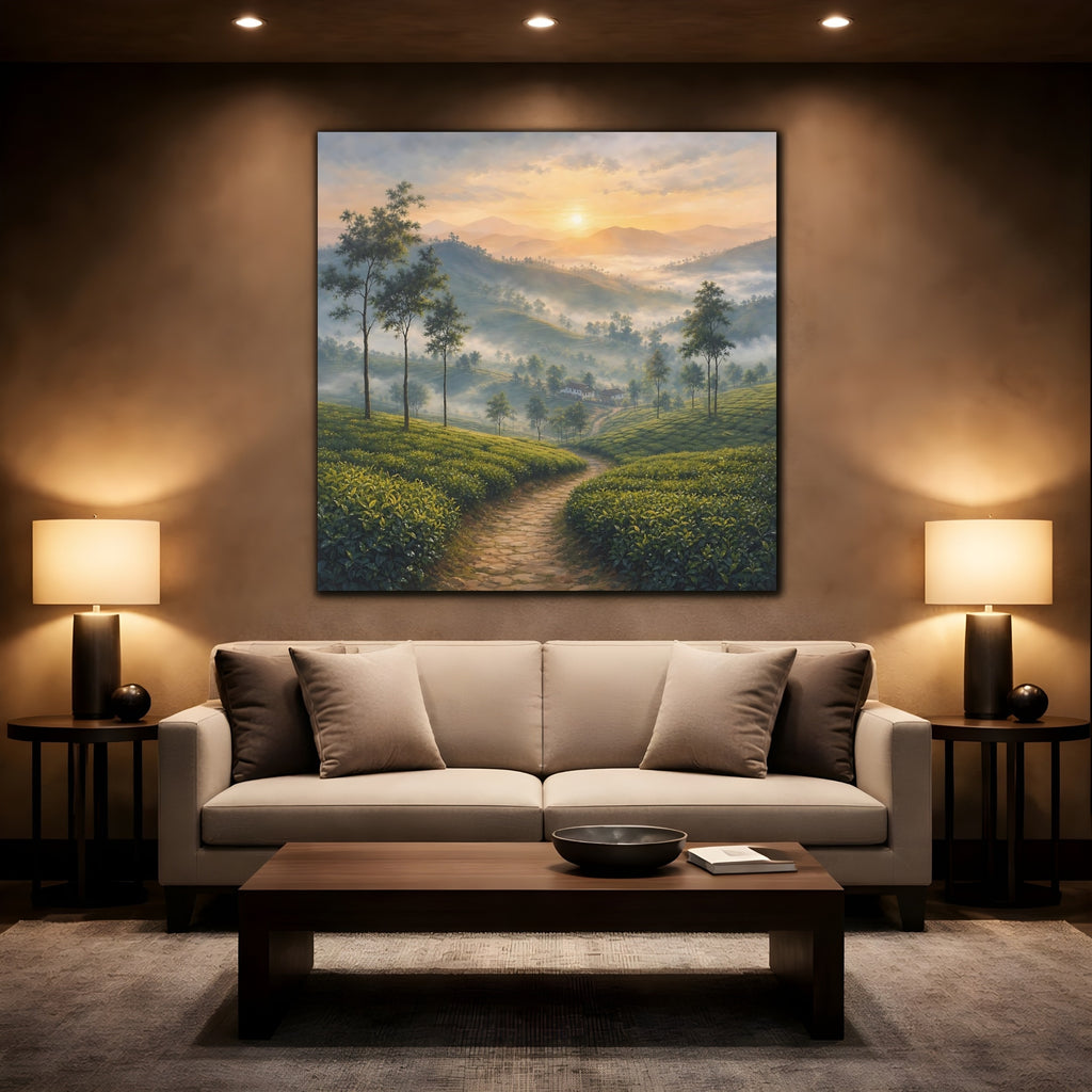 Mockup 2. Nature Tea Plantation Green Mountain Landscape shown as stretched canvas wall art