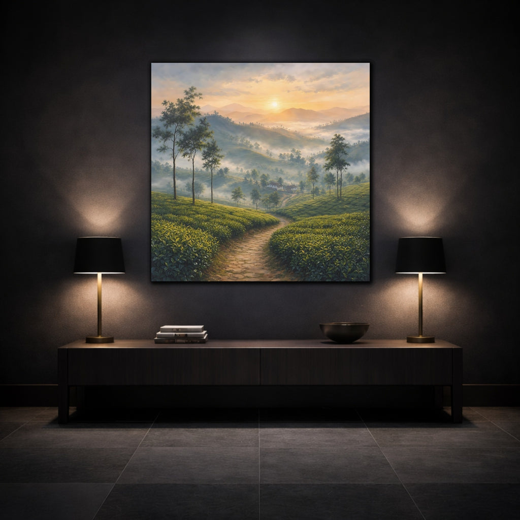 Mockup 3. Nature Tea Plantation Green Mountain Landscape shown as stretched canvas wall art