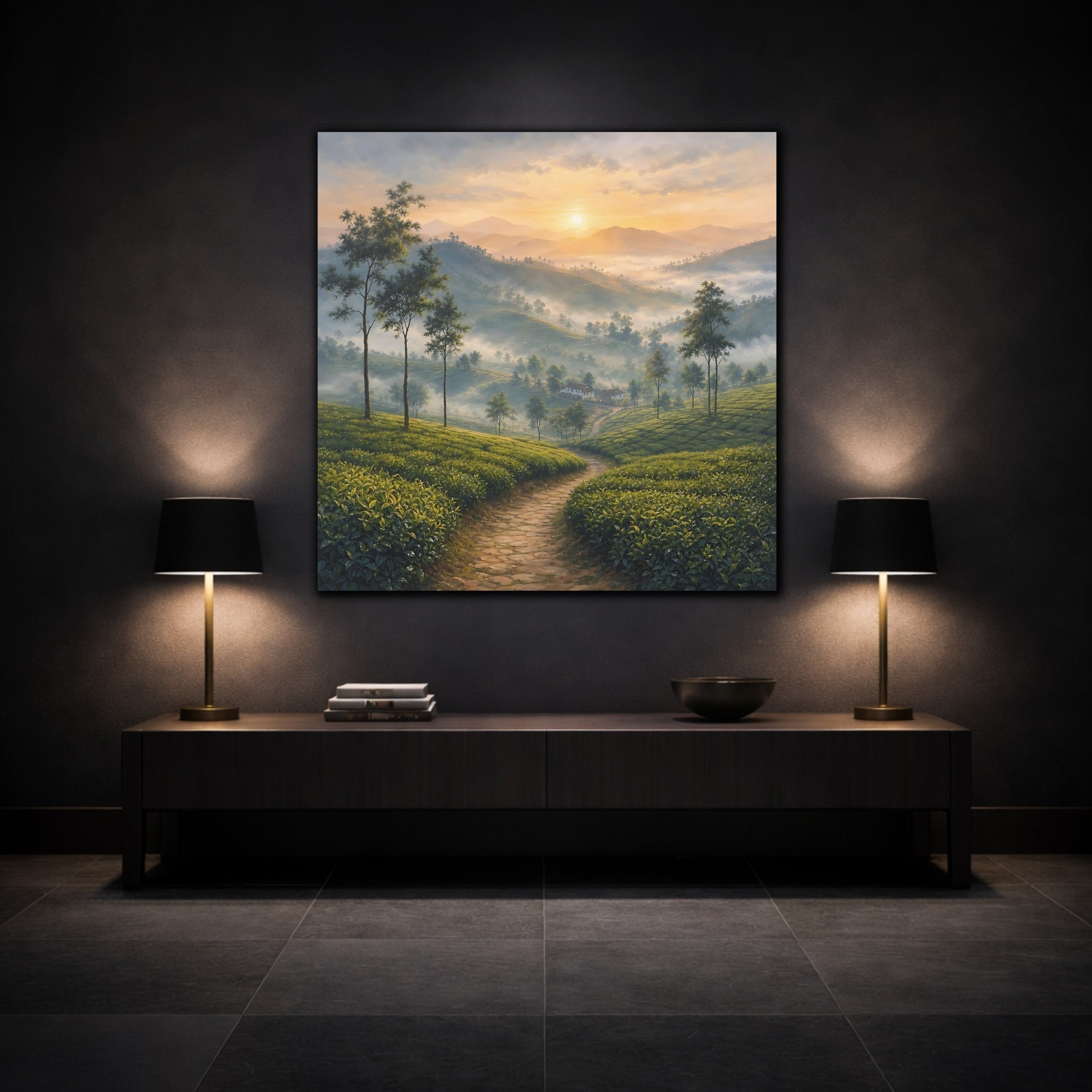 Mockup 3. Nature Tea Plantation Green Mountain Landscape shown as stretched canvas wall art