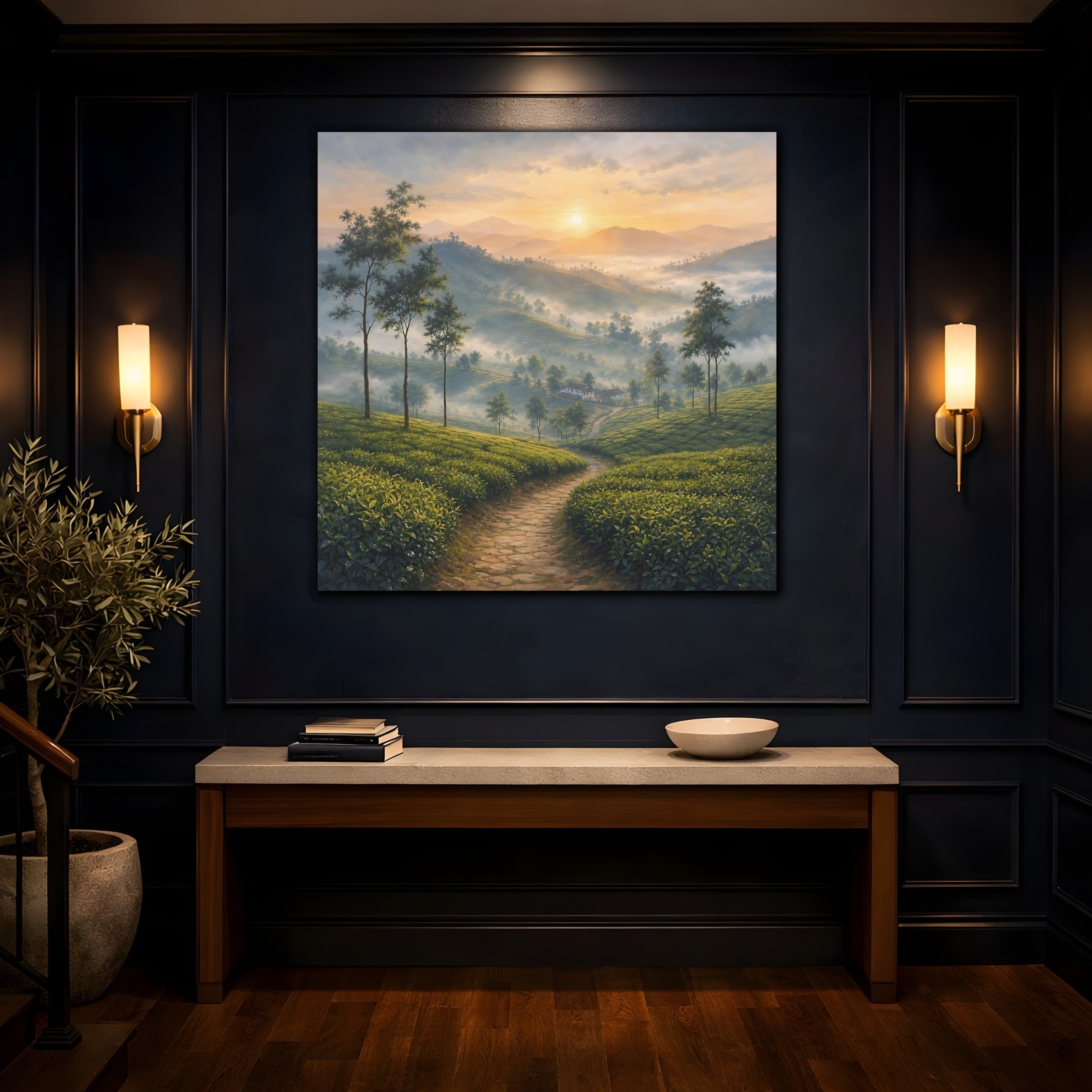 Mockup 4. Nature Tea Plantation Green Mountain Landscape shown as stretched canvas wall art