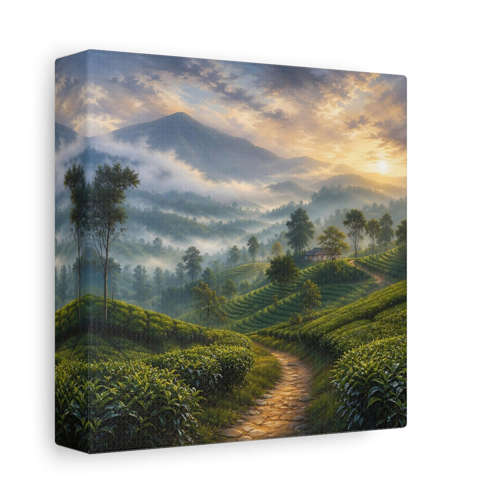 Side Mockup 2. Nature Tea Plantation Misty Green Landscape shown as stretched canvas wall art
