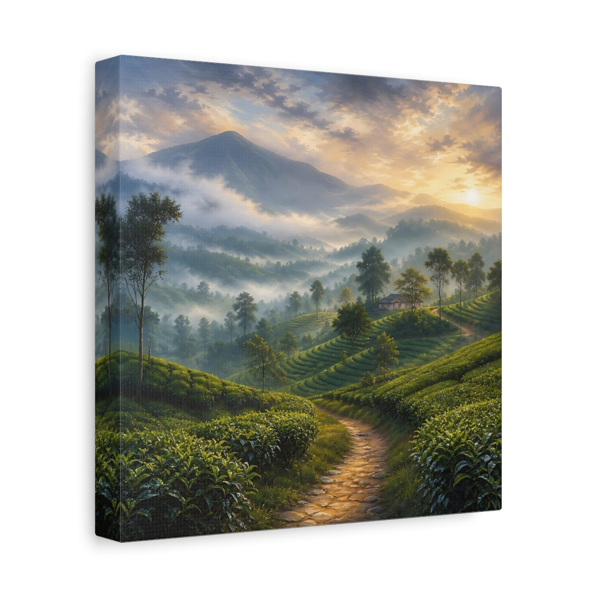 Side Mockup 9. Nature Tea Plantation Misty Green Landscape shown as stretched canvas wall art