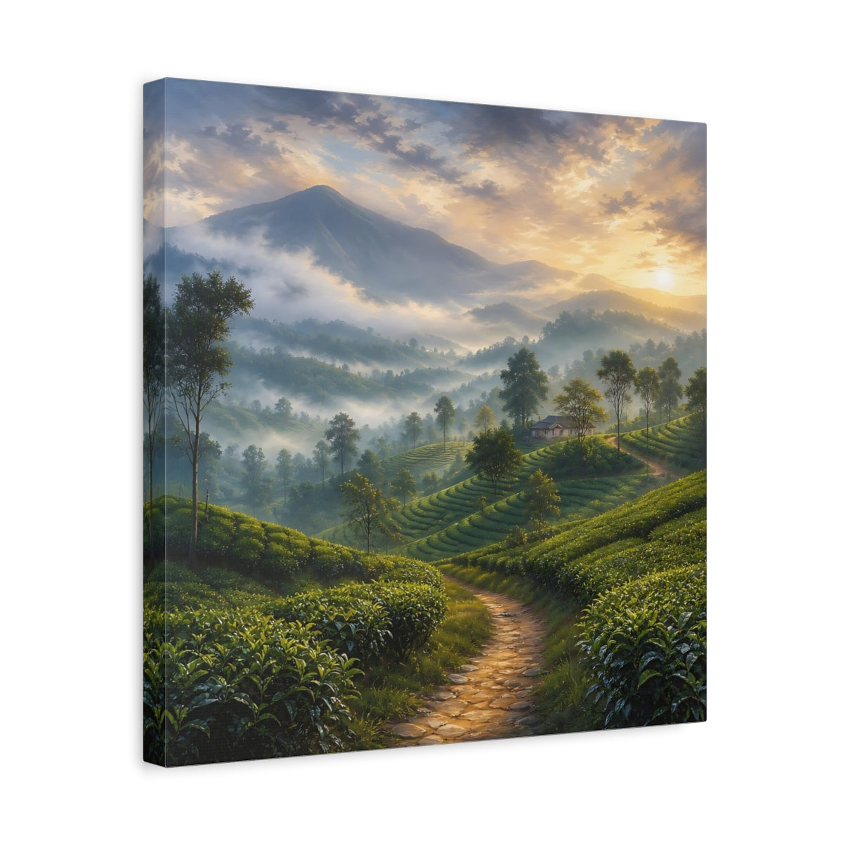 Side Mockup 6. Nature Tea Plantation Misty Green Landscape shown as stretched canvas wall art