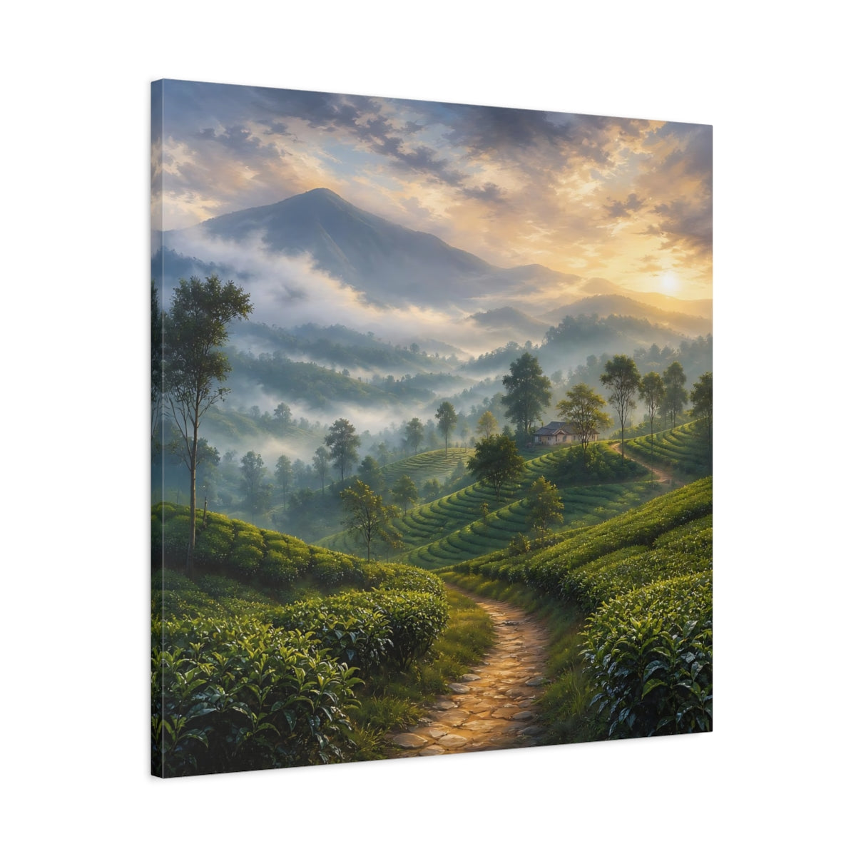 Side Mockup 3. Nature Tea Plantation Misty Green Landscape shown as stretched canvas wall art