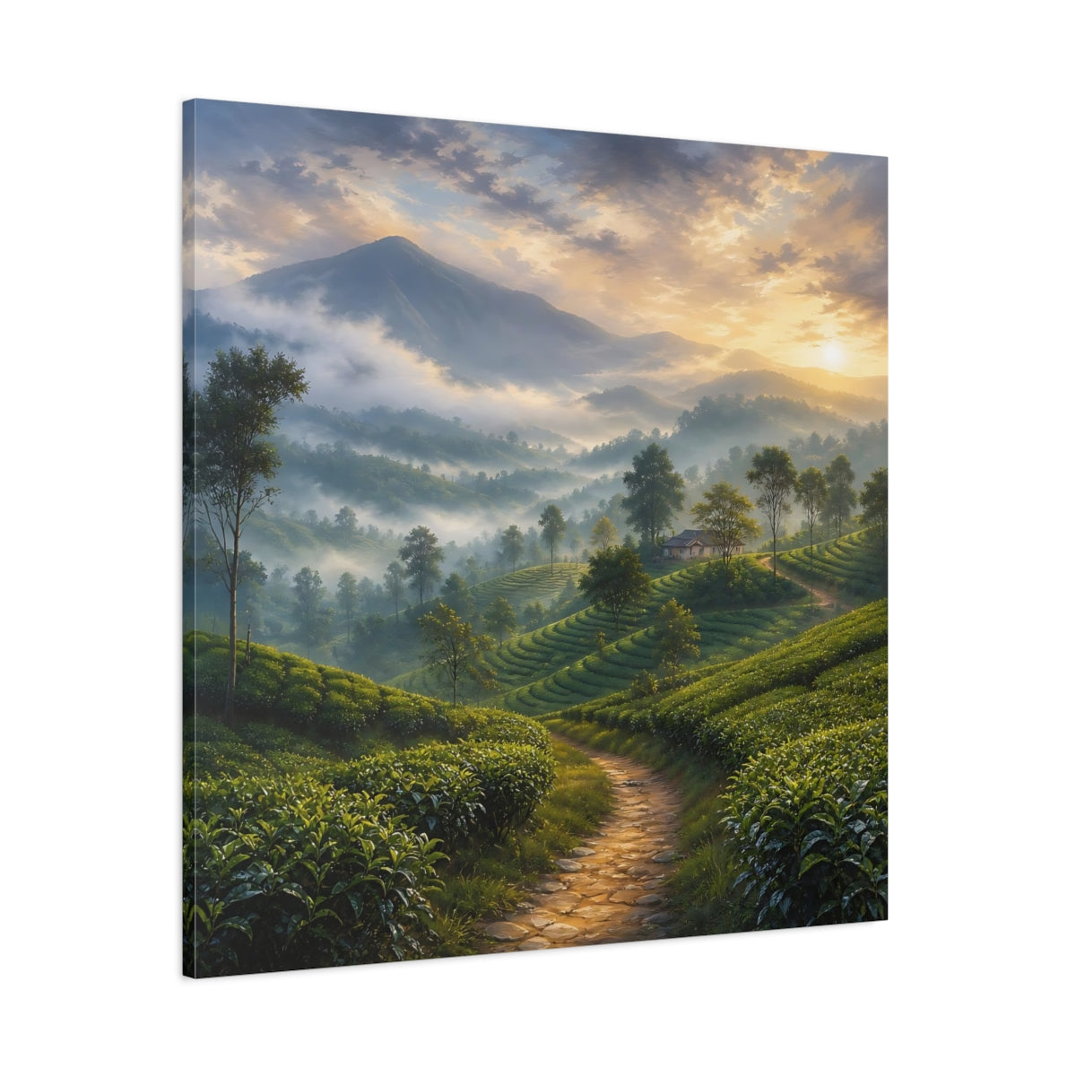 Side Mockup 1. Nature Tea Plantation Misty Green Landscape shown as stretched canvas wall art