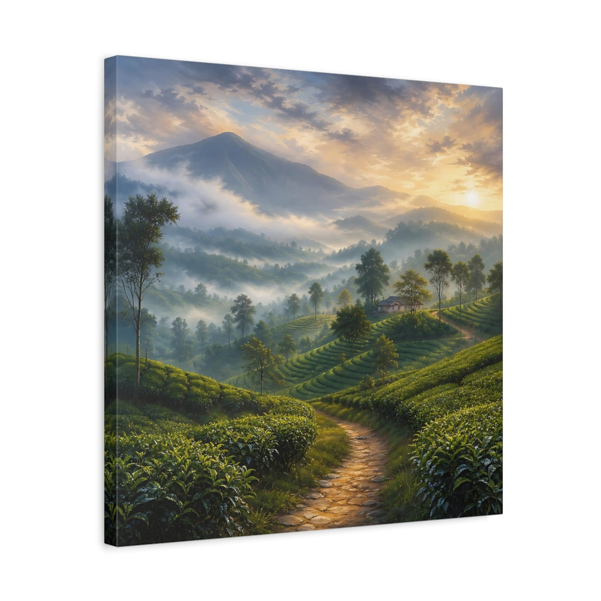 Side Mockup 5. Nature Tea Plantation Misty Green Landscape shown as stretched canvas wall art