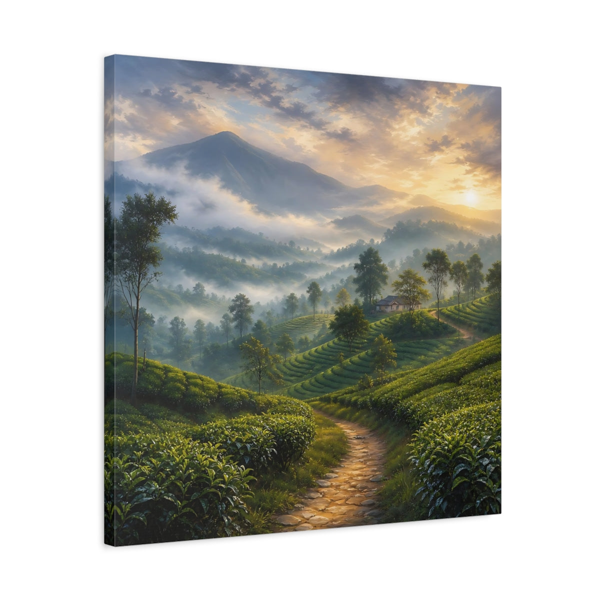 Side Mockup 4. Nature Tea Plantation Misty Green Landscape shown as stretched canvas wall art