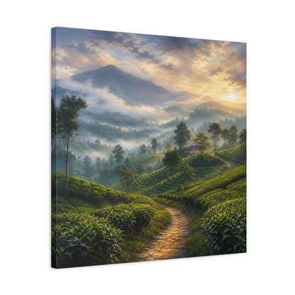 Side Mockup 4. Nature Tea Plantation Misty Green Landscape shown as stretched canvas wall art