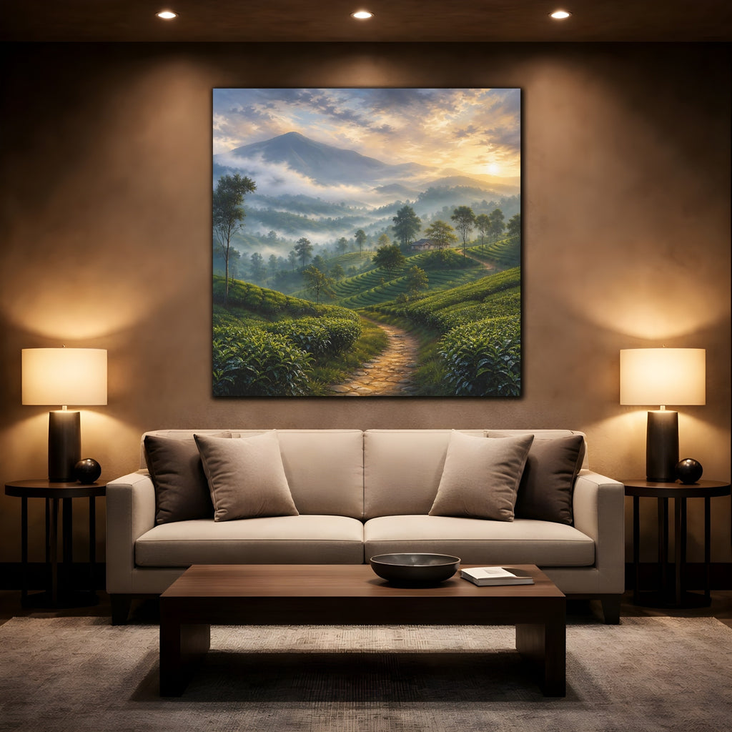 Mockup 2. Nature Tea Plantation Misty Green Landscape shown as stretched canvas wall art