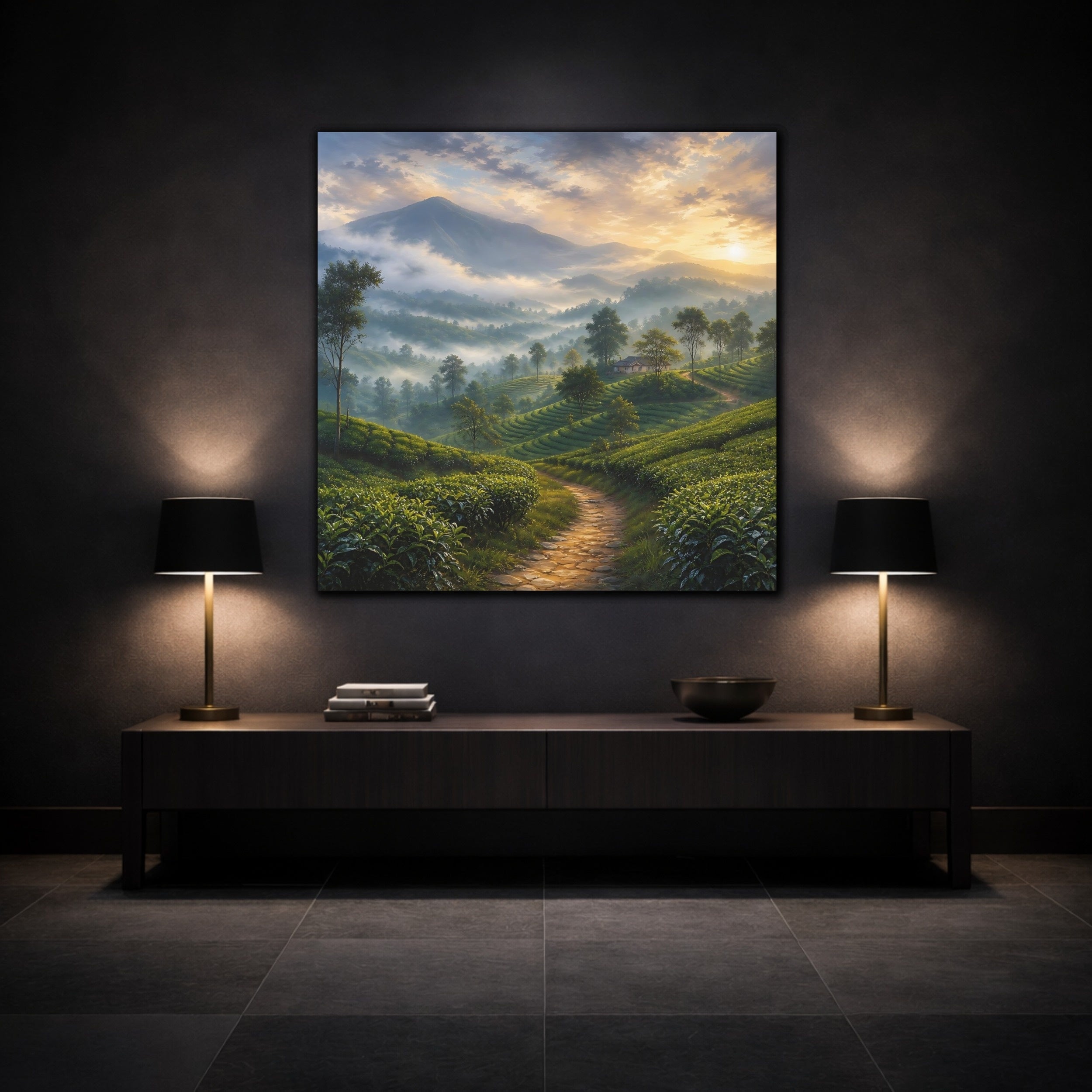 Mockup 3. Nature Tea Plantation Misty Green Landscape shown as stretched canvas wall art