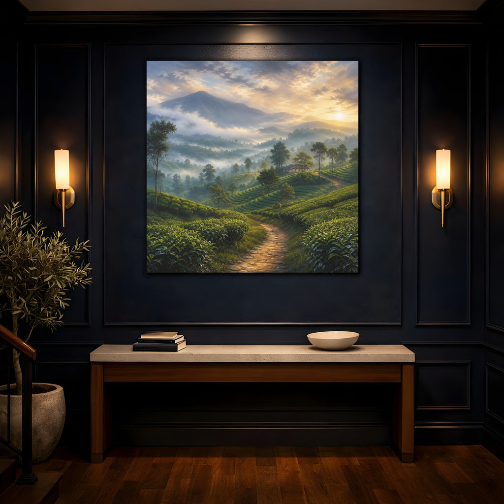 Mockup 4. Nature Tea Plantation Misty Green Landscape shown as stretched canvas wall art