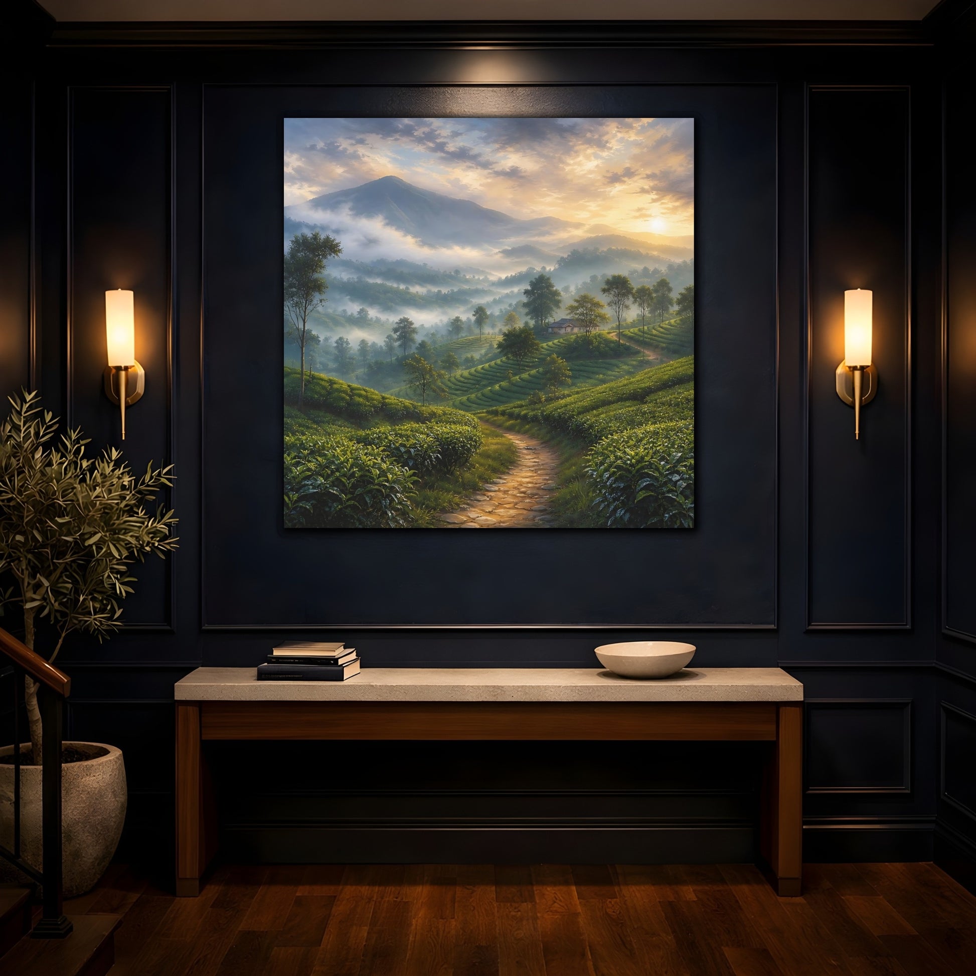 Mockup 4. Nature Tea Plantation Misty Green Landscape shown as stretched canvas wall art