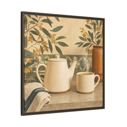 Main Mockup. Nature Tea Scene Cream And Green shown as stretched canvas wall art