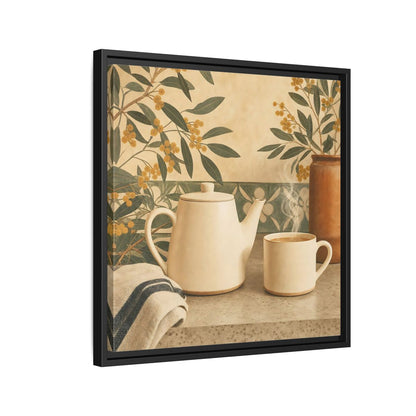 Side Mockup 12. Nature Tea Scene Cream And Green shown as stretched canvas wall art