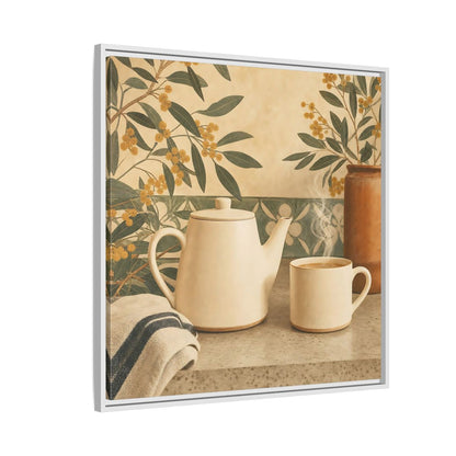 Side Mockup 7. Nature Tea Scene Cream And Green shown as stretched canvas wall art