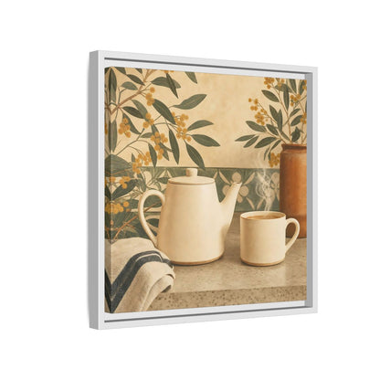 Side Mockup 13. Nature Tea Scene Cream And Green shown as stretched canvas wall art