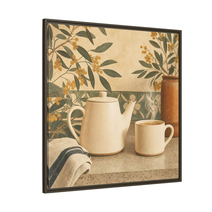 Side Mockup 5. Nature Tea Scene Cream And Green shown as stretched canvas wall art