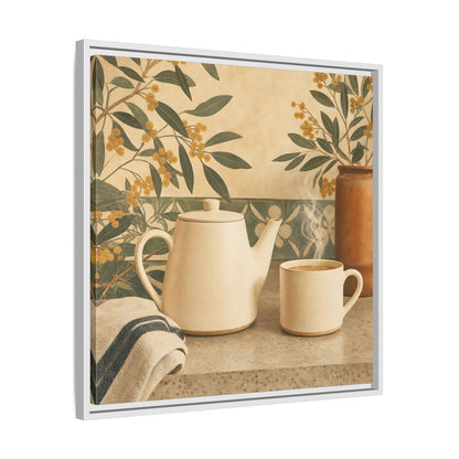Side Mockup 26. Nature Tea Scene Cream And Green shown as stretched canvas wall art