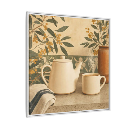 Side Mockup 4. Nature Tea Scene Cream And Green shown as stretched canvas wall art