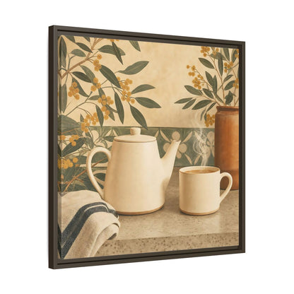 Side Mockup 27. Nature Tea Scene Cream And Green shown as stretched canvas wall art