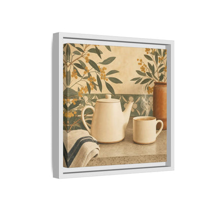 Side Mockup 16. Nature Tea Scene Cream And Green shown as stretched canvas wall art