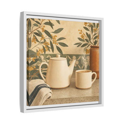 Side Mockup 28. Nature Tea Scene Cream And Green shown as stretched canvas wall art