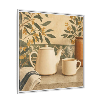 Side Mockup 25. Nature Tea Scene Cream And Green shown as stretched canvas wall art