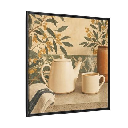 Side Mockup 6. Nature Tea Scene Cream And Green shown as stretched canvas wall art