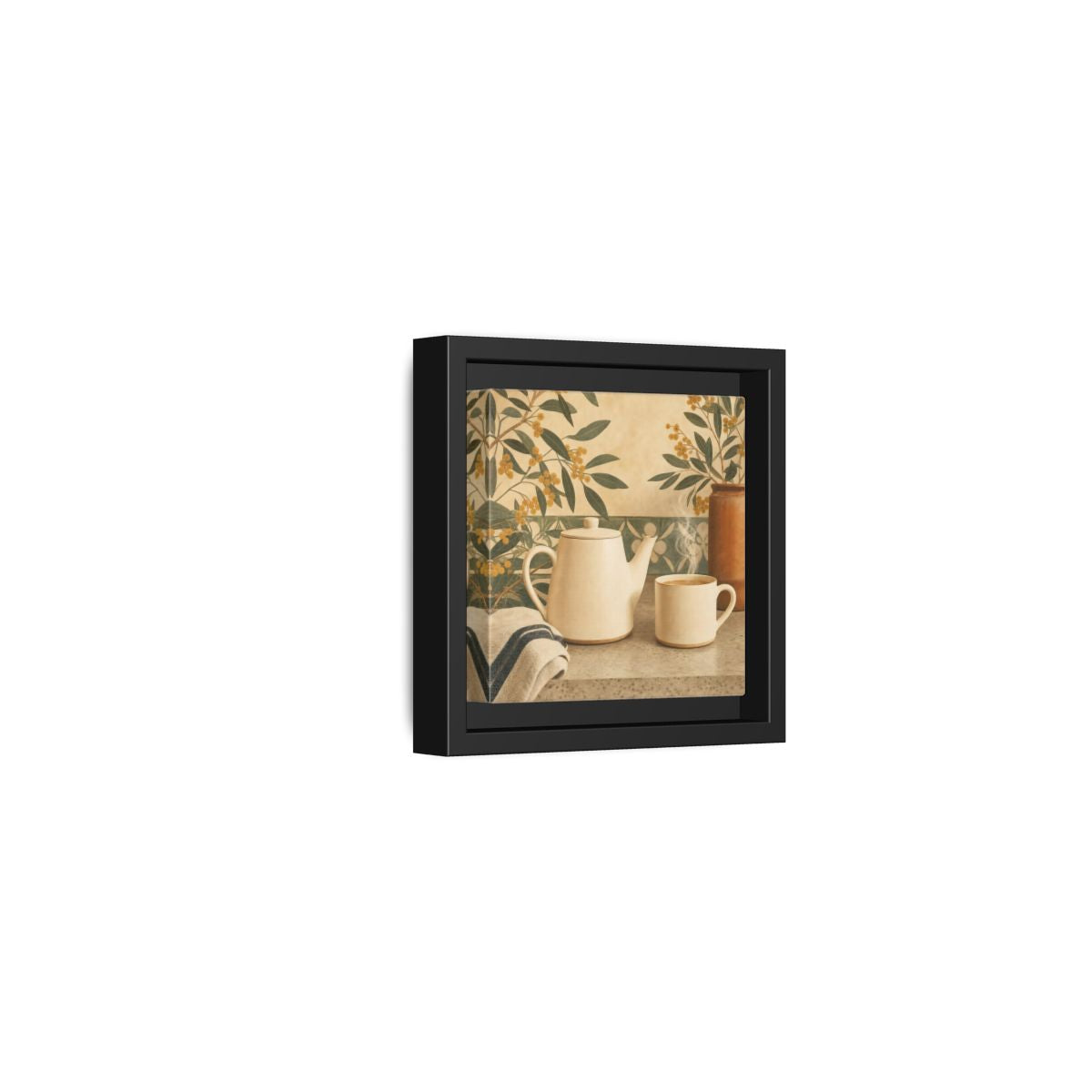 Side Mockup 24. Nature Tea Scene Cream And Green shown as stretched canvas wall art