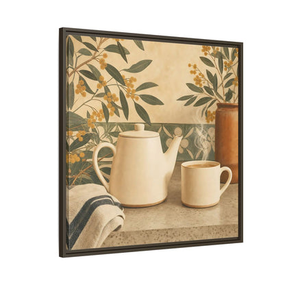 Side Mockup 8. Nature Tea Scene Cream And Green shown as stretched canvas wall art
