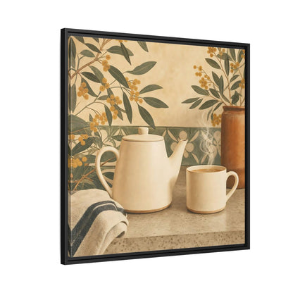 Side Mockup 9. Nature Tea Scene Cream And Green shown as stretched canvas wall art