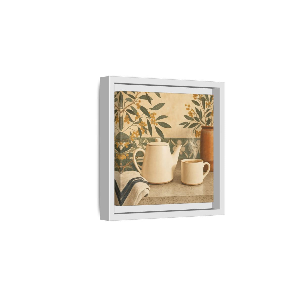 Side Mockup 1. Nature Tea Scene Cream And Green shown as stretched canvas wall art