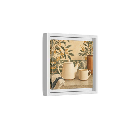 Side Mockup 1. Nature Tea Scene Cream And Green shown as stretched canvas wall art