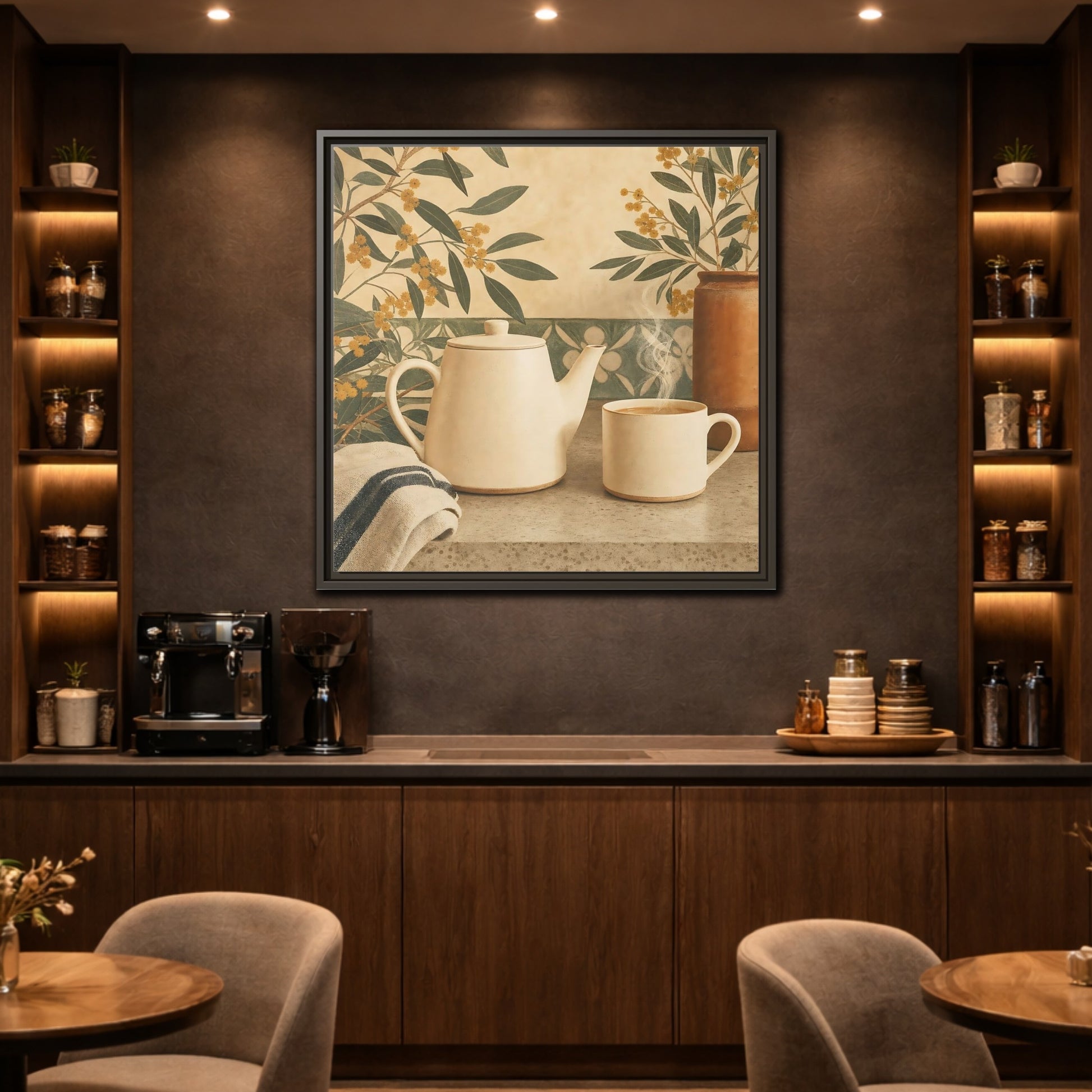 Mockup 2. Nature Tea Scene Cream And Green shown as stretched canvas wall art