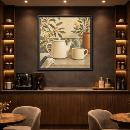 Mockup 2. Nature Tea Scene Cream And Green shown as stretched canvas wall art