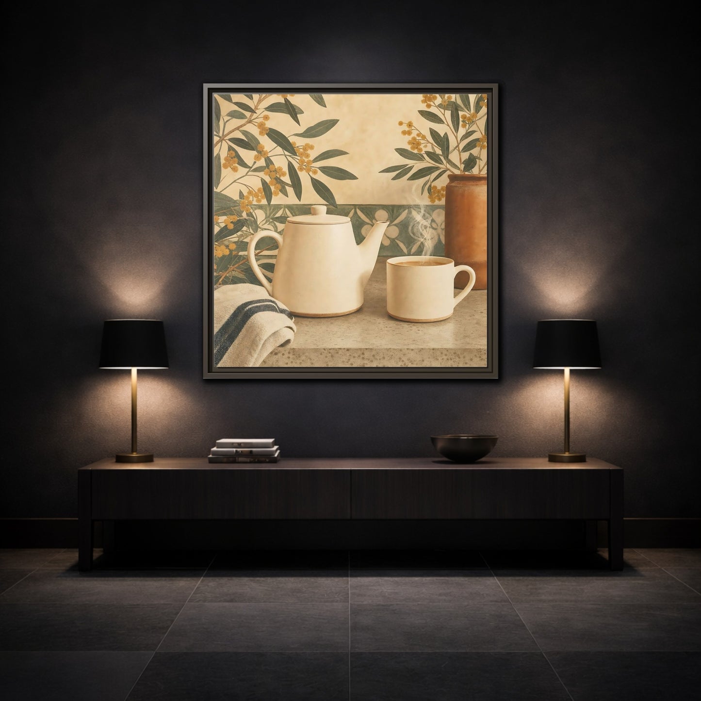 Mockup 3. Nature Tea Scene Cream And Green shown as stretched canvas wall art