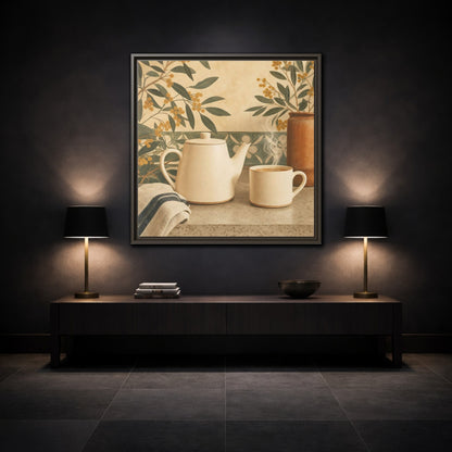 Mockup 3. Nature Tea Scene Cream And Green shown as stretched canvas wall art