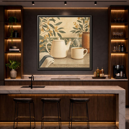 Mockup 4. Nature Tea Scene Cream And Green shown as stretched canvas wall art