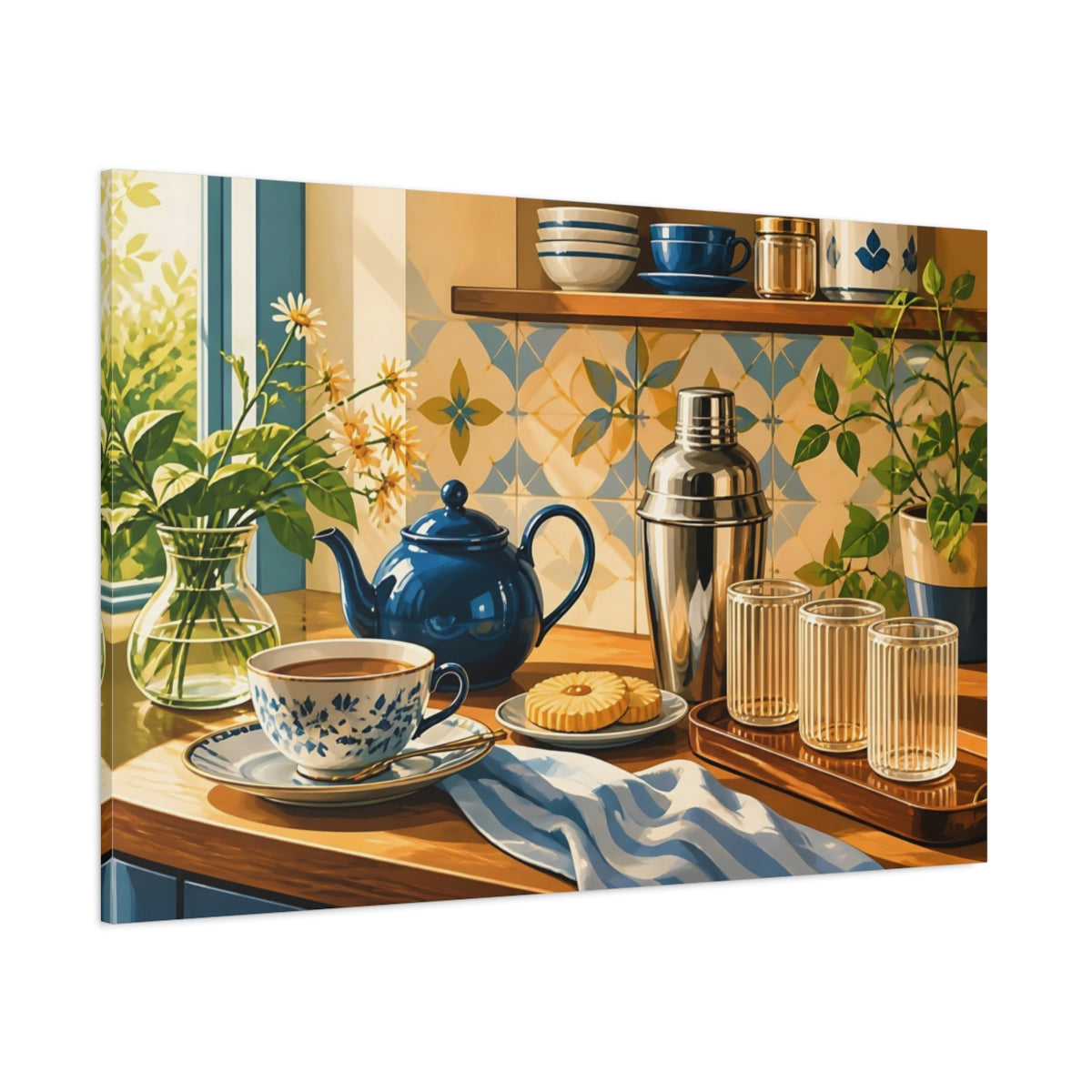 Side Mockup 1. Nature Tea Setting Blue And Gold Kitchen shown as stretched canvas wall art